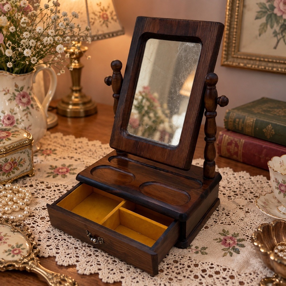 Wood Tabletop Dresser Vanity Vintage Swivel Mirror Jewelry Tray & Storage Velvet